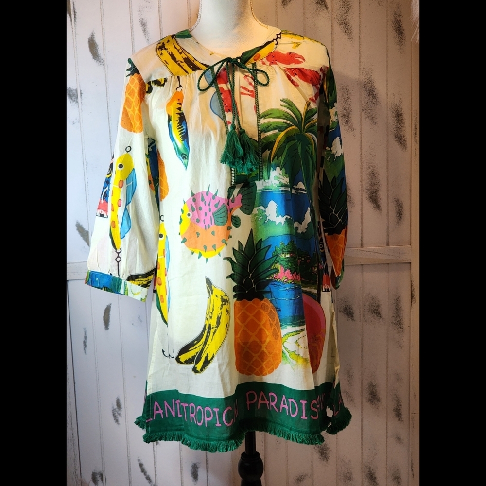 True Destinations Voile Printed Midi Fringe Swim Coverup